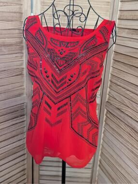 Express Red And Black Tank Top Sleeveless Sequins Beads Medium